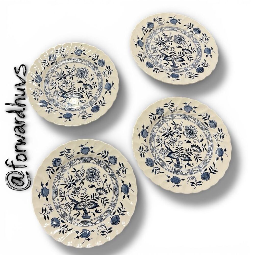 Set of 4 Old Vienna Ironstone Plates – Wood & Sons – 8” - Crazing / Dark Mark